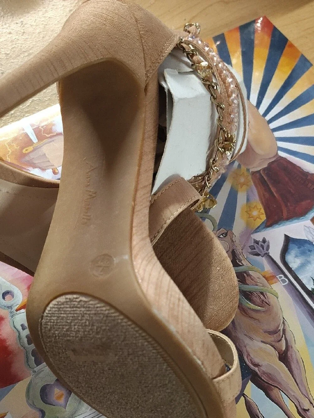 Anne Michelle Nude Heeled Sandals with Gold Chain & Crystal Trim